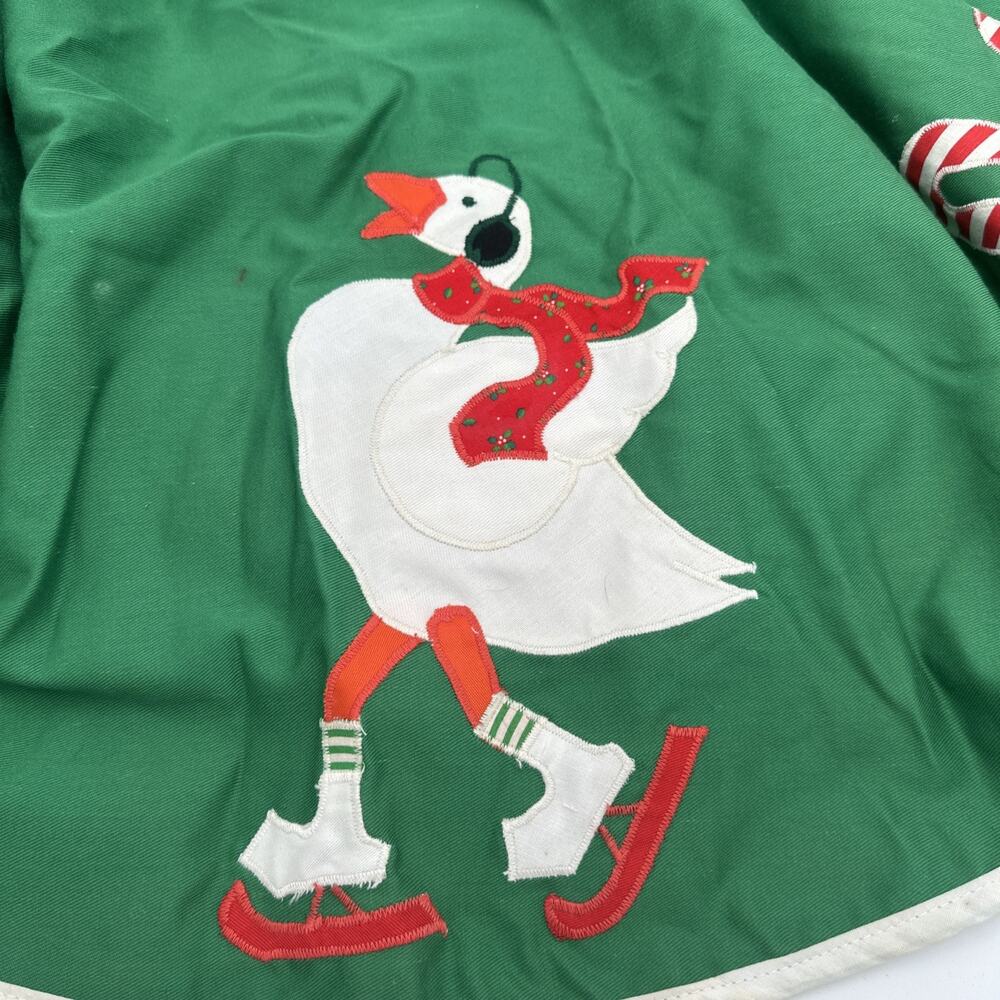 Vintage Aplique Stitched Duck Ice Skating Candy Canes Tree Skirt